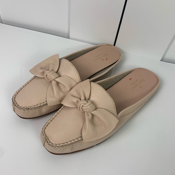 Kate Spade New York Mallory Soft Pink Leather Bow Flats Slides Mules Slip On 9 - Picture 3 of 7